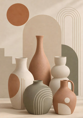 Boho Ceramic Vases & Botanical Abstract Design – Terracotta Sun by TimlessArtworks - five ceramic vases in terracotta, cream and olive before arches and a terracotta sun