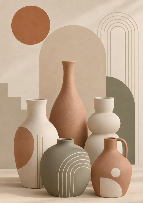 Boho Ceramic Vases & Botanical Abstract Design – Terracotta Sun by TimlessArtworks - five ceramic vases in terracotta, cream and olive before arches and a terracotta sun