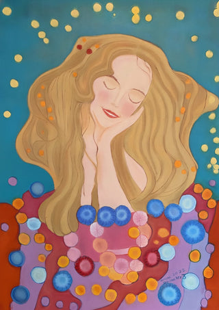 The dreamer by Gerard Ceulemans - smiling woman with long golden hair and closed eyes in a flowered shawl on a teal background