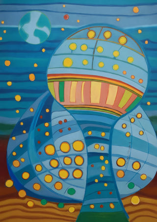 Once upon a blue moon by Gerard Ceulemans - dotted balloon-like shape rising into a blue night under a pale blue moon