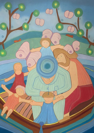 Family boat trip by Gerard Ceulemans - family of six crowded in a wooden boat with trees and pink butterflies behind them