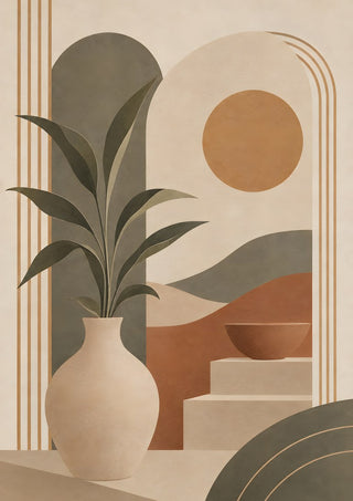 Bohemian Botanical Harmony – Terracotta & Sage Green by TimlessArtworks - cream vase with sage green leaves in front of arches and a terracotta sun