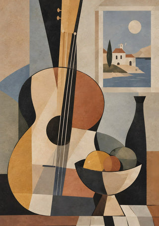 Bohemian String Instrument Still Life – Earthy Tones & Coastal Scene by TimlessArtworks - cubist still life of a guitar, fruit bowl and bottle before a window with a coastal house