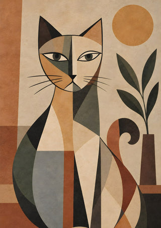 Bohemian Geometric Cat – Terracotta, Botanical & Earthy Forms by TimlessArtworks - geometric cat in terracotta, beige and charcoal beside a plant in a dark vase under an ochre sun
