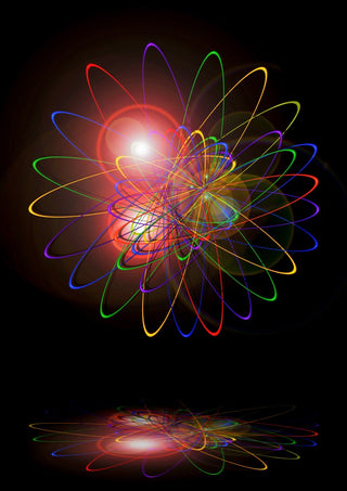 Light and Energy by Walter Zettl - neon coloured orbits looping around a glowing white centre on a black background
