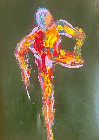 Figure in Motion by René J - expressive striding figure painted in orange, red and pink on a dark olive green ground