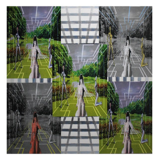 Day and night by Kaiser - collage grid of a woman in white among chrome robot figures on a green lawn with circuit lines