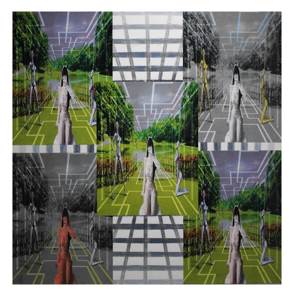 Day and night by Kaiser - collage grid of a woman in white among chrome robot figures on a green lawn with circuit lines