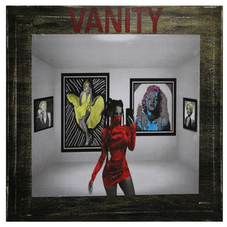 Vanity by Kaiser - collage of a woman in a red dress taking a selfie in a gallery of Marilyn Monroe portraits under the word Vanity