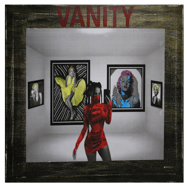 Vanity by Kaiser - collage of a woman in a red dress taking a selfie in a gallery of Marilyn Monroe portraits under the word Vanity