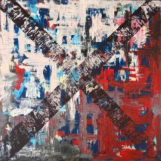 Here by karti - large dark X over knife-painted patches of red, navy, blue and white