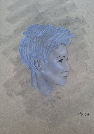 Portrait in Blue by Allheartsportraits - woman in profile drawn in pale blue chalk on grey card