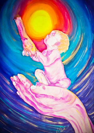Cosmic Visions 2 by Walter Zettl - hand holding a child reaching towards a glowing sun among blue and violet swirls