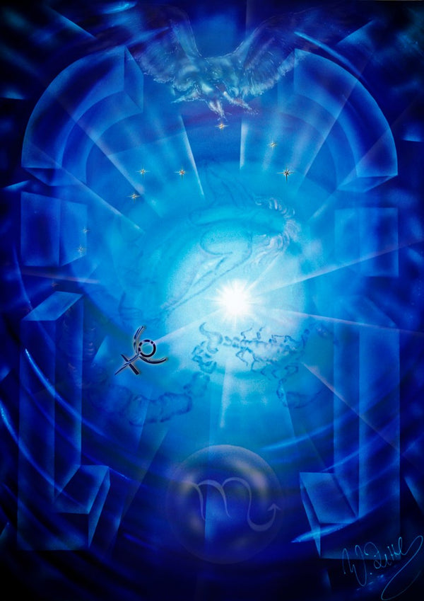 Scorpio zodiac sign by Walter Zettl - white burst of light in a deep blue vault with an eagle and the sign of Scorpio