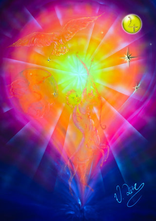 Zodiac Sign Sagittarius by Walter Zettl - winged figure in a burst of magenta and yellow light with a bird and stars