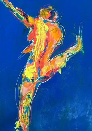 Blue Dancer by René J - figure stretching upward in yellow and orange with white outlines on a cobalt blue ground