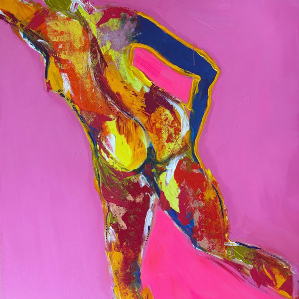 Pink Nude by René J - leaning figure painted in orange, yellow and cobalt on a bright pink ground
