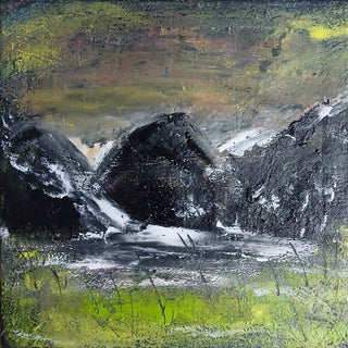 Dark Hills by luco art - dark near-black hills with white streaks above a pale river and acid green grass