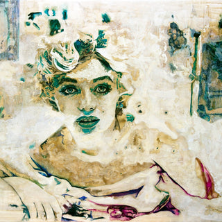 Norma by Mushk - portrait of a woman with short curled hair in cream, teal and gold washes