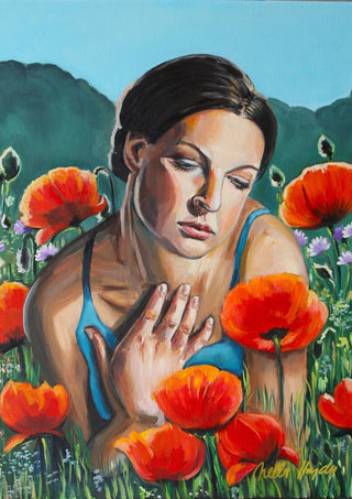 A Moment of Stillness by Nella Hajdu - woman in a blue top among large red poppies with green hills behind her