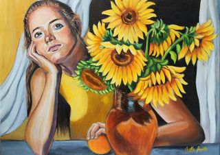 Summer Daydream by Nella Hajdu - woman in a yellow dress resting her cheek on her hand beside a copper jug of sunflowers