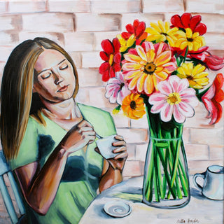 Peaceful Morning by Nella Hajdu - woman in a mint green top holding a cup beside a vase of red, yellow and pink flowers