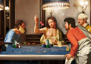 Casino Gang by Dikhotomy - Renaissance figures throwing dice around a blue casino table under a fringed lamp