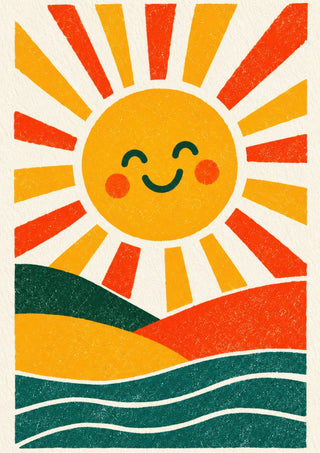 Smiling Sun by Decker Studios - smiling yellow sun with red and yellow rays above hills and a green sea