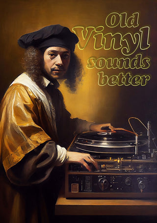 Old Vinyl Sounds Better by Dikhotomy - man in a black beret and gold sleeves at a turntable under the words Old Vinyl Sounds Better
