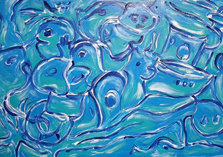 Was das Meer trägt · What the Sea Carries by ELIZA Leopold - faces, fish and boats surfacing from looping white lines on turquoise and blue