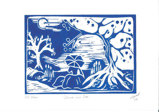 Dame am See · Lady by the Lake by ELIZA Leopold - blue linocut of a seated figure looking over a lake between two trees