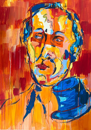 Man in a Blue Hat by René J - head in yellow and blue strokes with a blue hat on the shoulder against red and orange bands