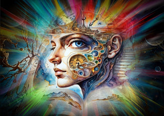 Cosmic Visions 3 by Walter Zettl - profile face opened to clocks and cogs under a burst of red, green and blue rays