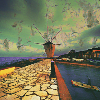Garitsa Windmill by Pelecan Schneider - Corfu windmill at the end of a stone jetty under a swirling green and violet sky