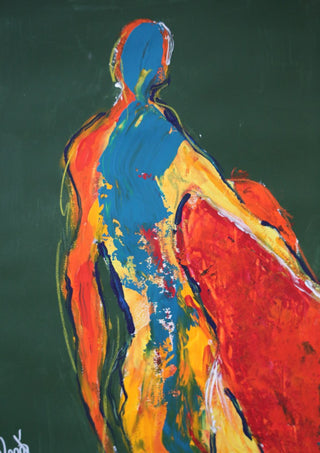 Figure in Green by René J - a figure seen from behind in orange and turquoise on deep green