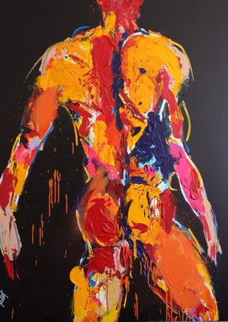Back in Yellow by René J - a standing figure seen from behind in thick yellow and red on black