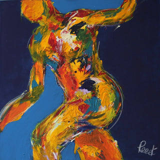 Dancer on Blue by René J - a twisting dancer in thick yellow and orange on deep blue