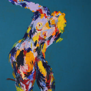 Leaning Back by René J - a nude arching back in lilac and yellow on flat teal