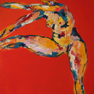 Arch in Red by René J - a nude arching over in ochre and cream on a flat red ground