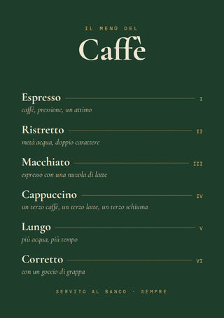 Il Menù del Caffè by ARTSY FARTSY, Italian coffee menu typography poster in cream and gold on bottle green