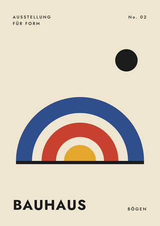 Bauhaus Bögen by ARTSY FARTSY, Bauhaus poster with nested blue, red and yellow arches with a black circle on cream