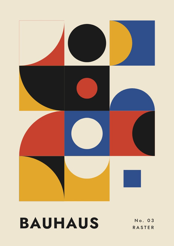 Bauhaus Raster by ARTSY FARTSY, Bauhaus poster with grid of red, blue, yellow and black geometric tiles