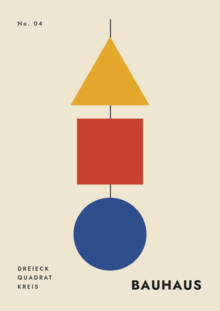 Bauhaus Grundformen by ARTSY FARTSY, Bauhaus poster with yellow triangle, red square and blue circle stacked on cream