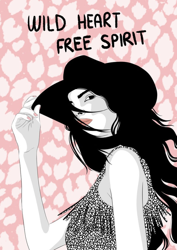 Wild heart, free spirit by Lisen Vennesland - a woman in a wide black hat on a pink leopard print