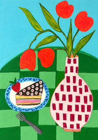 Sweet Afternoon by LGDyrby - red tulips in a patterned vase and a slice of cake on a green checked table
