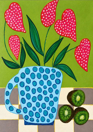 Kiwi My Heart by LGDyrby - heart-shaped pink flowers in a dotted blue mug with three kiwi halves