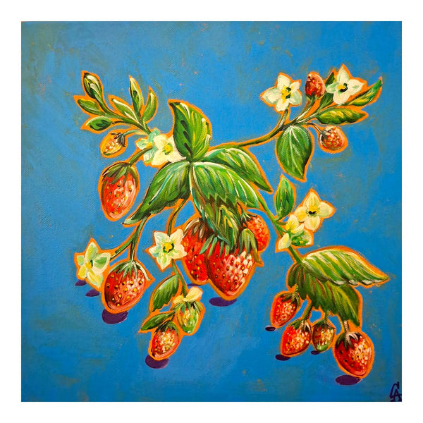 Strawberries on Blue by Svetla Stoyanova Bassi - red strawberries and white flowers outlined in orange on blue