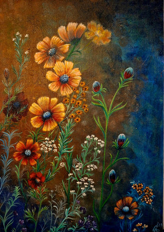 Cosmos in Ochre by Svetla Stoyanova Bassi - orange cosmos and white umbels against ochre and deep blue