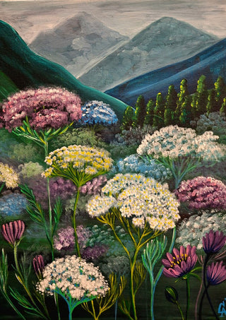 Mountain Meadow by Svetla Stoyanova Bassi - white and pink flowers below green slopes and grey mountains
