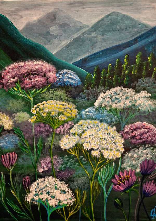 Mountain Meadow by Svetla Stoyanova Bassi - white and pink flowers below green slopes and grey mountains